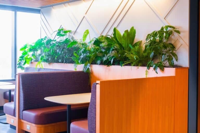 Office banquette seating with a run of planters filled with lush green foliage.